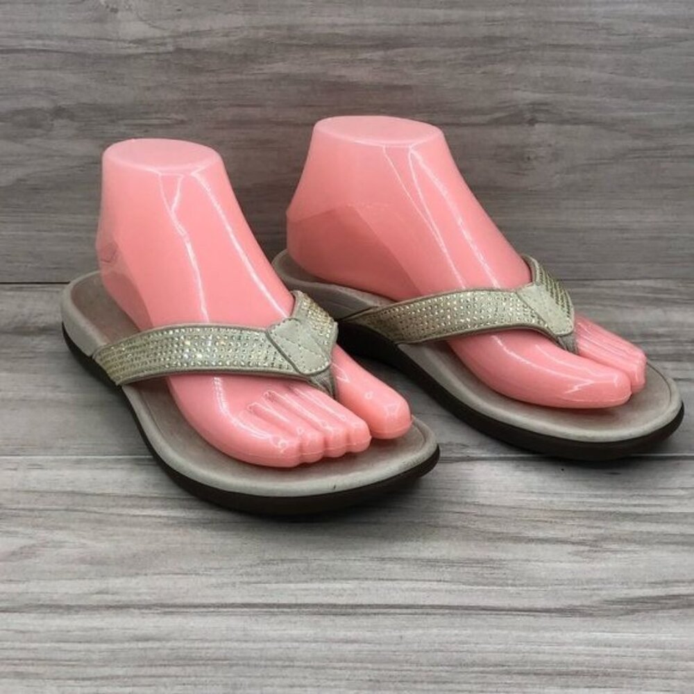 Vionic Sandals Womens 6 Champagne Beige Suede Rhinestone Slip On Thong Flip Flop